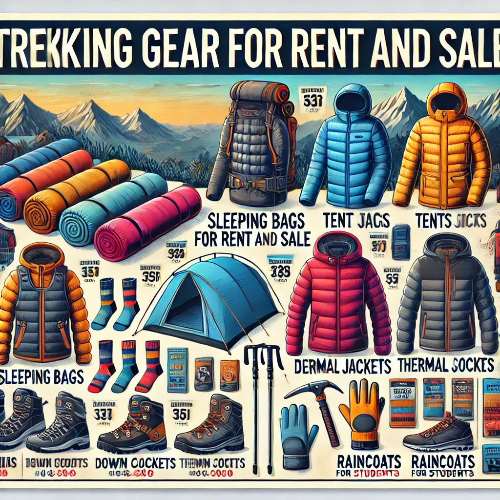 Trekking equipment in Pokhara. Various trekking items laid out in an outdoor setting including sleeping bags, trekking poles, and tents.Trekking equipment in Pokhara, including sleeping bags, trekking poles, and tents